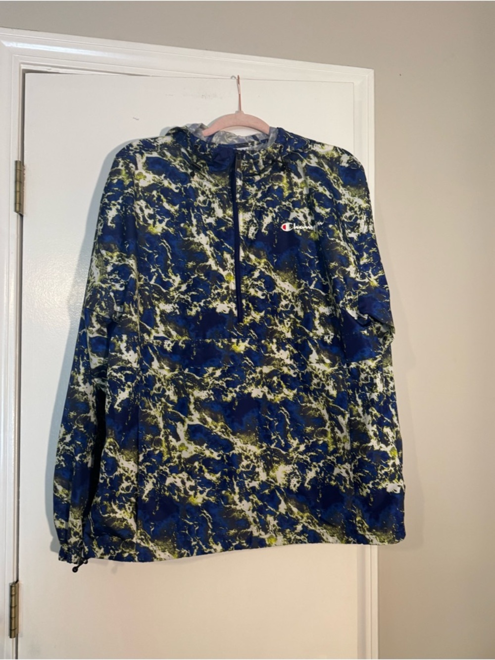 Champion Blue and Yellow Marble Hooded Windbreaker pullover 3/4 zip lightweight